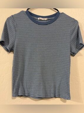 Heart Hips Blue White Striped Ribbed Tee Fitted Baby Tee Top- Juniors L